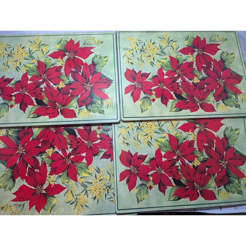 Benson Mills Cork Backed Placemats Set of 4 Christmas Poinsettias Heat Resistant